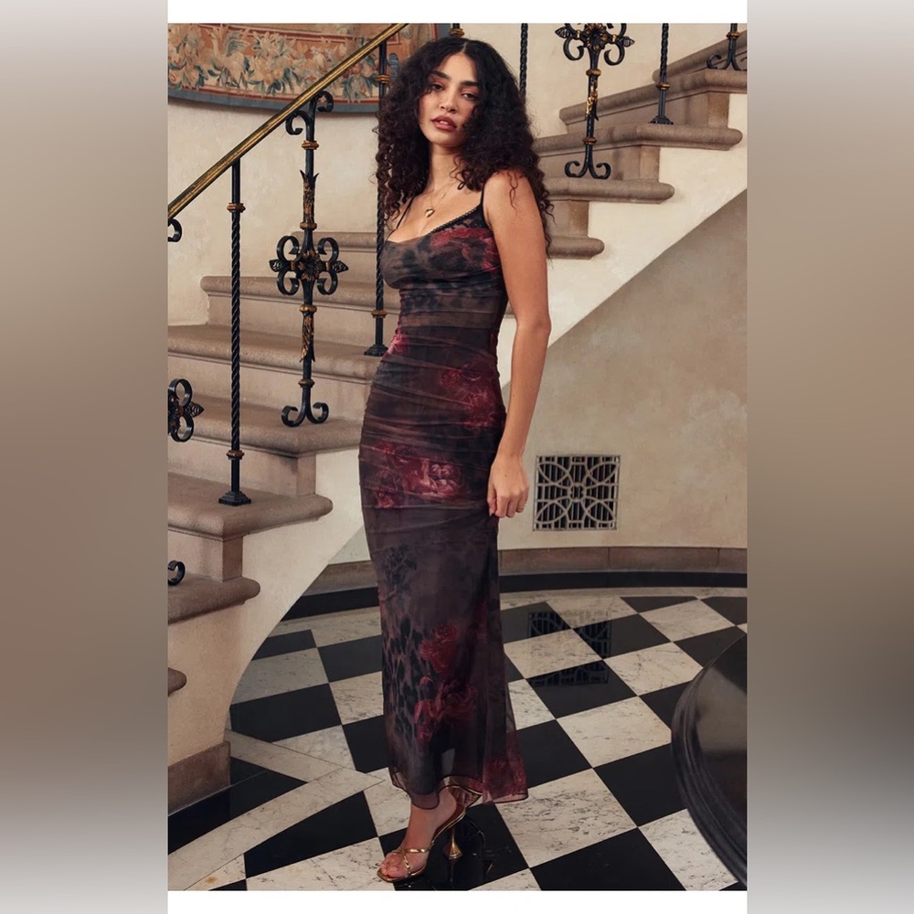 House of CB Nalini Brown and Red Floral Mesh Maxi Dress - Picture 3 of 12